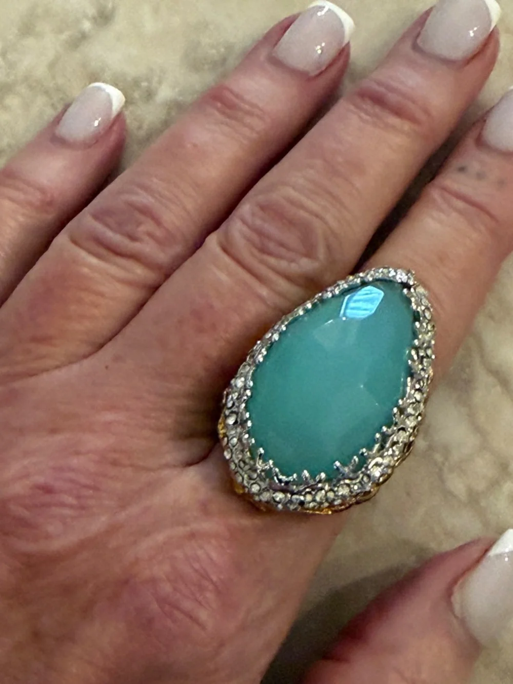Alexis Bittar sky blue stone, silver with crystals and gold band statement ring